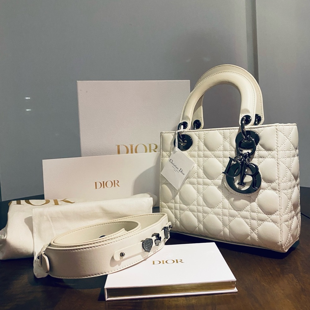 Lady Dior Abcdior Small Bag White Lambskin with  Gunmetal Finishing